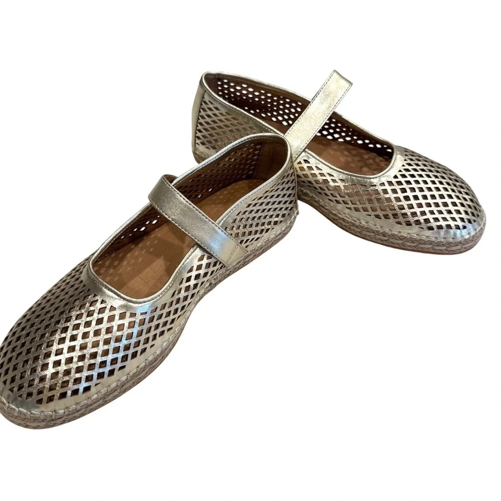 Gentle Souls Sienna Mary Jane Flats Women 8 Gold Leather Espadrille Coastal